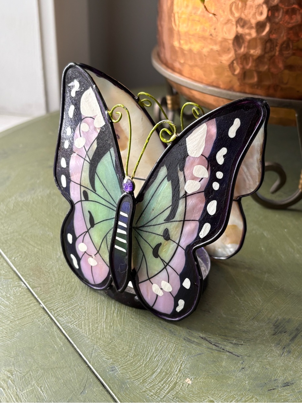 Stained Glass Butterfly Candle Holder - Pastel Green & Pink